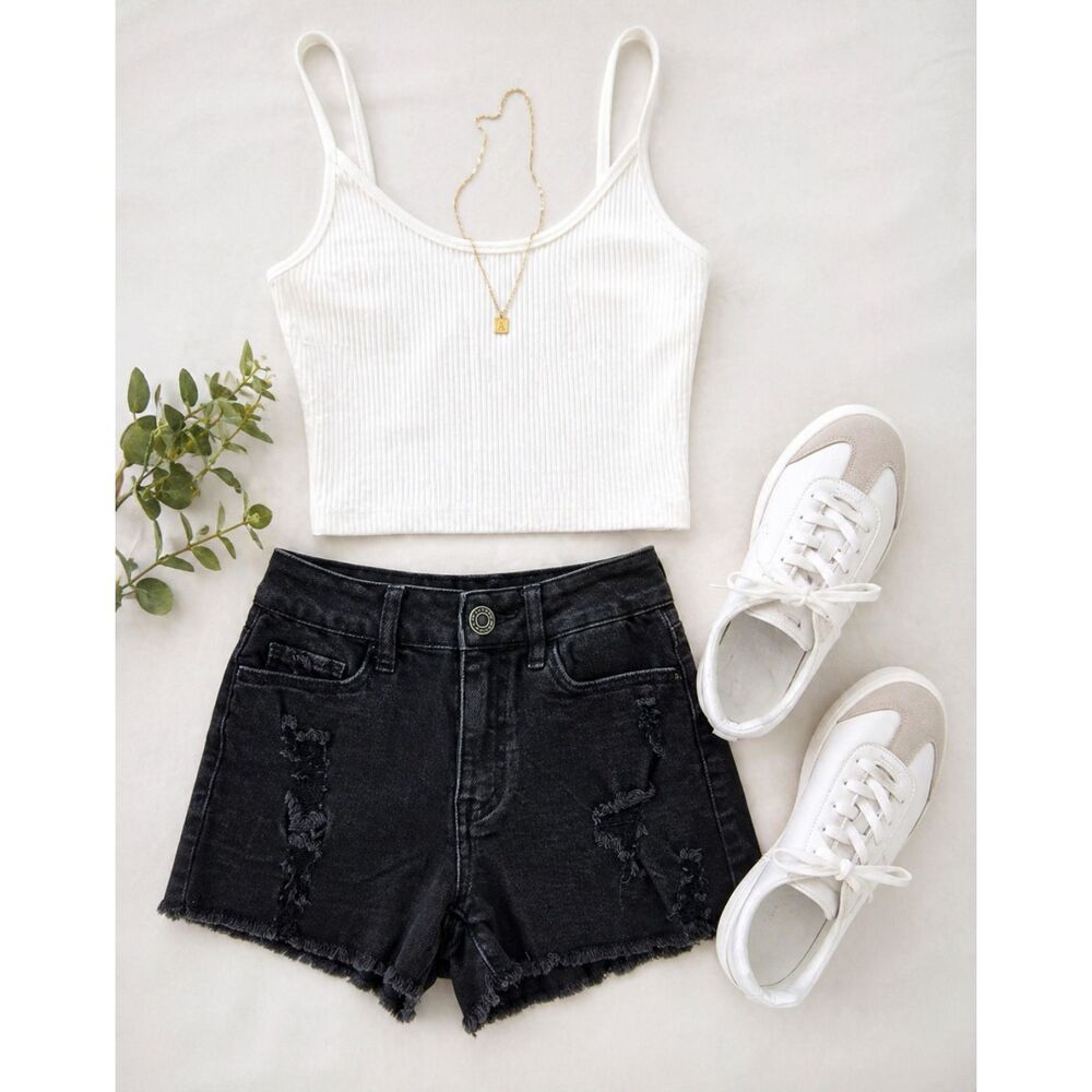 SO High Rise Denim Shorts 3 26 Black Distressed Raw Hem Y2K Cutoff Stretch